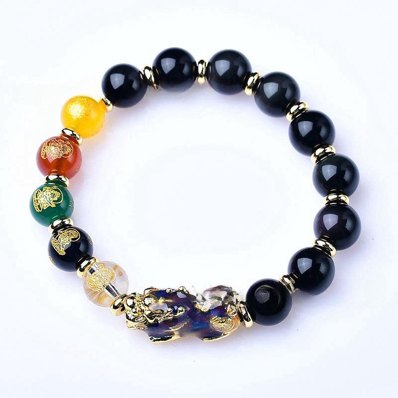 Natural Black Agate Five Wealth Gods Chakra Bracelet with Color-Changing Pixiu