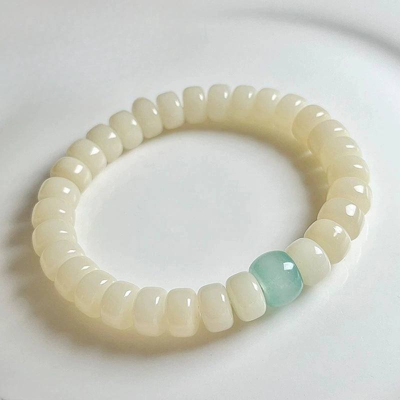 Snow Mountain White Bodhi Root Bracelet with Green Glass Bead