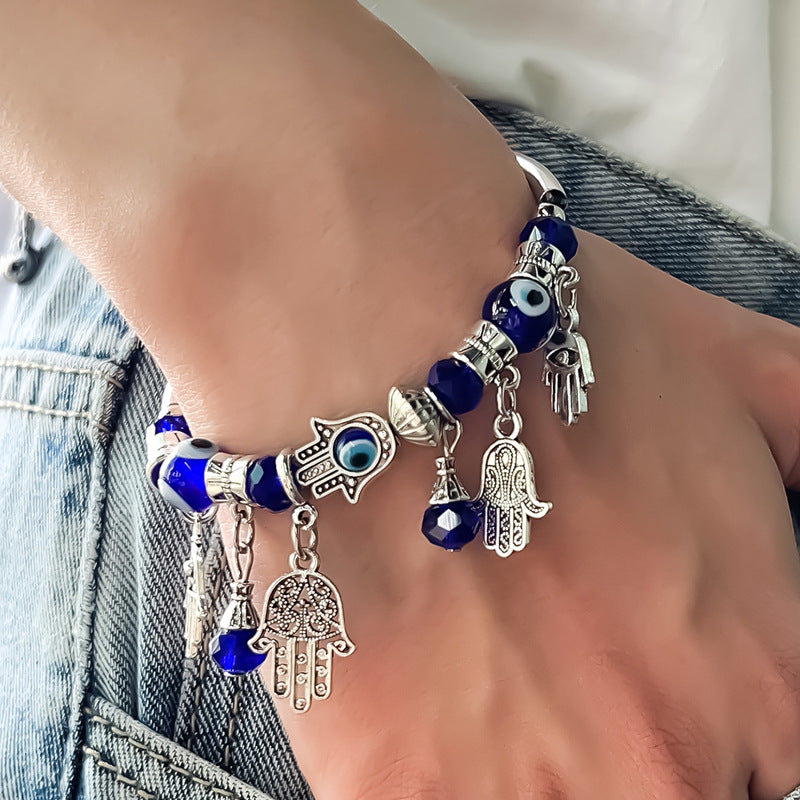 Silver Evil Eye & Hamsa Charm Bracelet with Blue Glass Beads