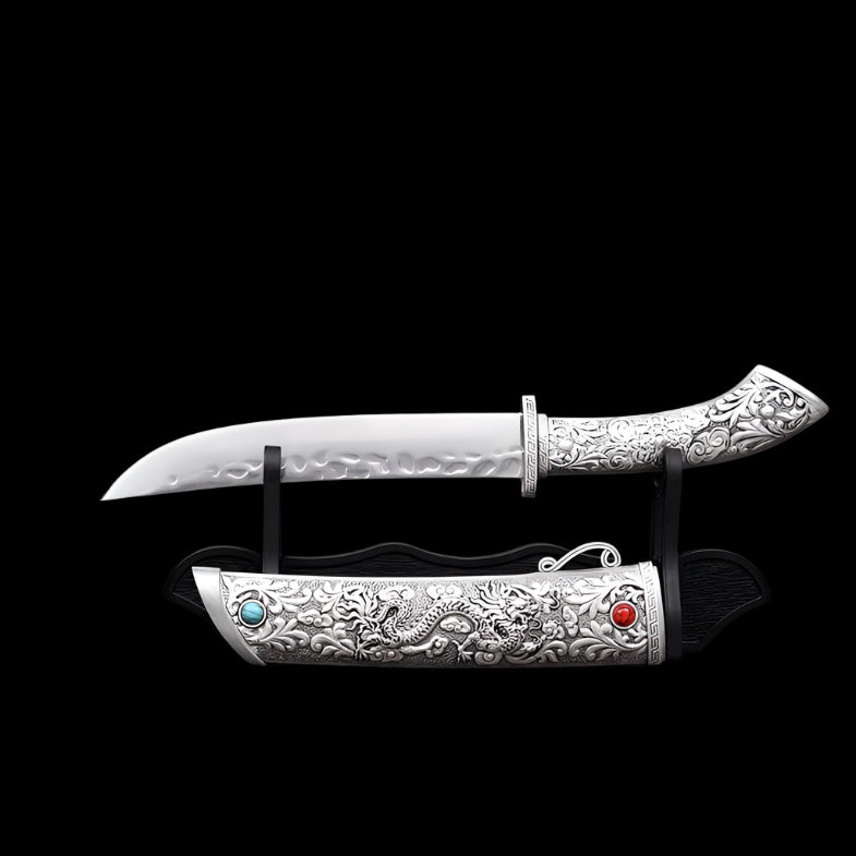 Tibetan Sacred Ritual Dagger with Dragon-Engraved Sheath and Gemstone Accents