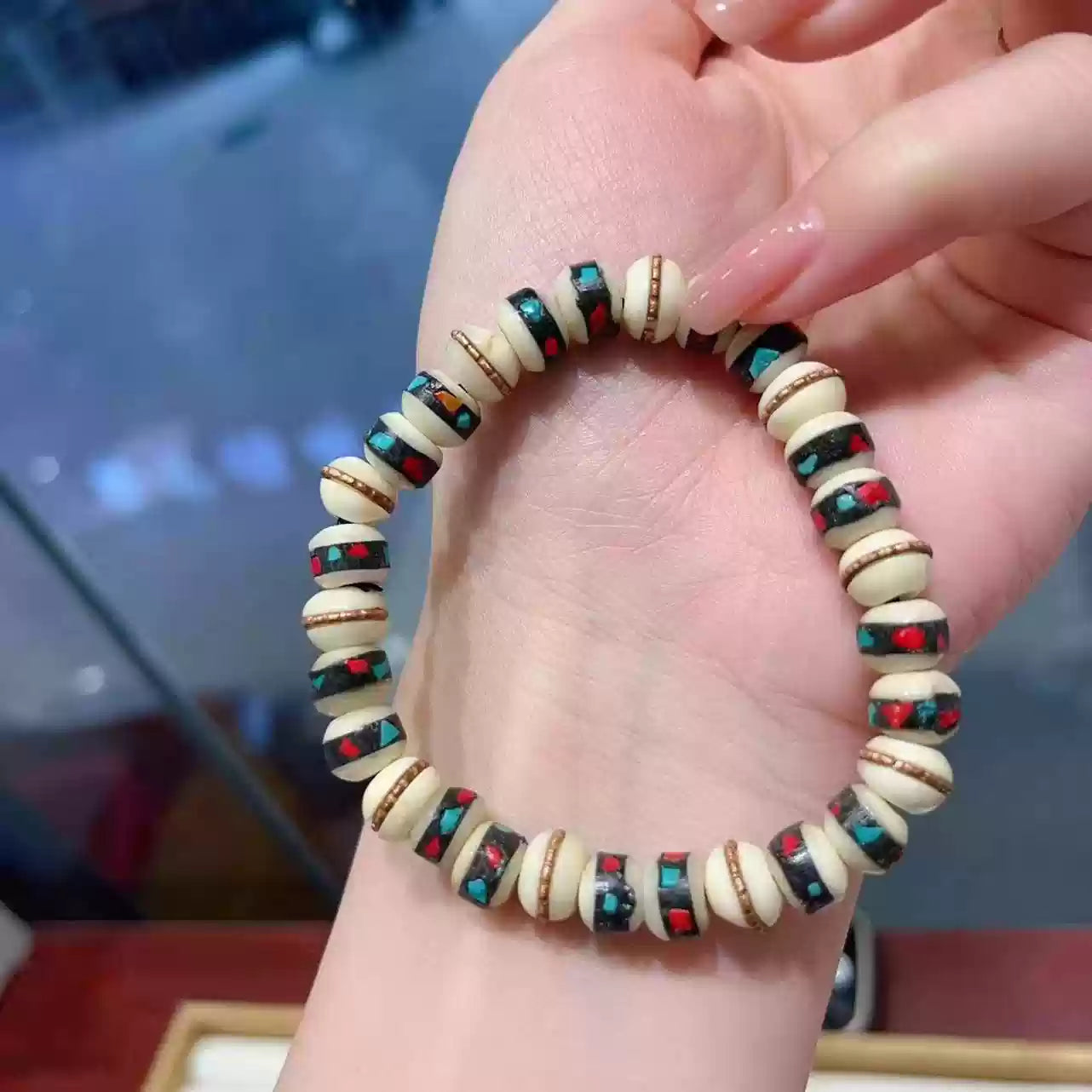 Veins of the Earth® Tibetan Yak Bone Bracelet with Inlaid Beads