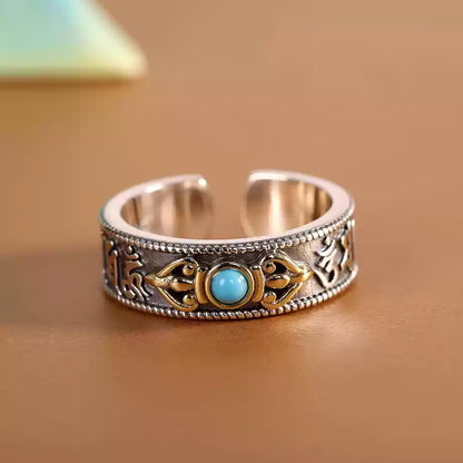 Tibetan Vajra Ring in Sterling Silver with Turquoise Inlay