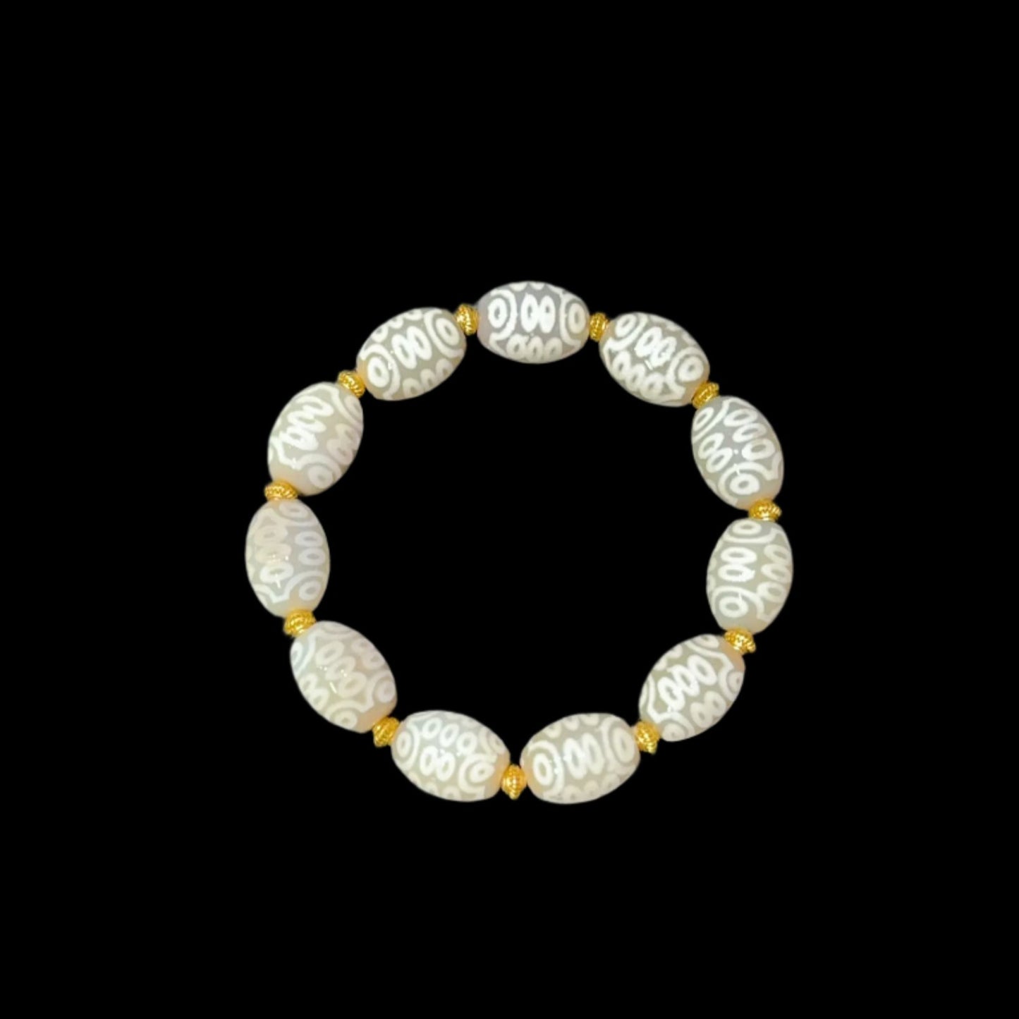 White Omen® Tibetan 21-Eye Dzi Bracelet with White Agate Beads