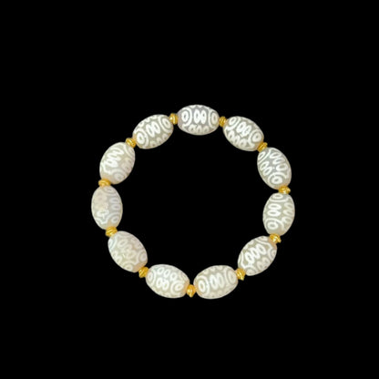 White Omen® Tibetan 21-Eye Dzi Bracelet with White Agate Beads