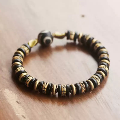 Tibetan Ox Bone Bracelet with Ebony, Brass & Dzi Bead Accents