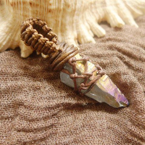 Handcrafted Natural Electroplated Quartz Crystal Pendant with Twisted Rope Netting