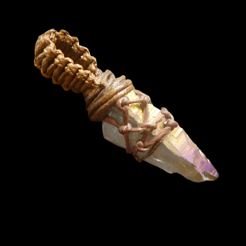 Handcrafted Natural Electroplated Quartz Crystal Pendant with Twisted Rope Netting