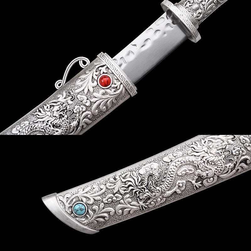 Tibetan Sacred Ritual Dagger with Dragon-Engraved Sheath and Gemstone Accents