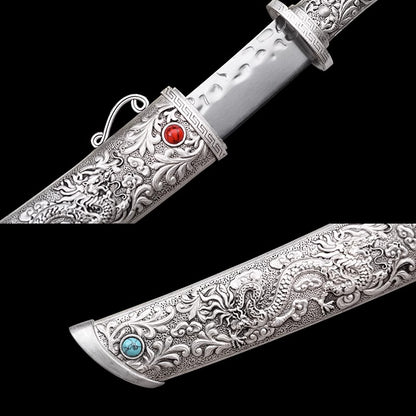 Tibetan Sacred Ritual Dagger with Dragon-Engraved Sheath and Gemstone Accents