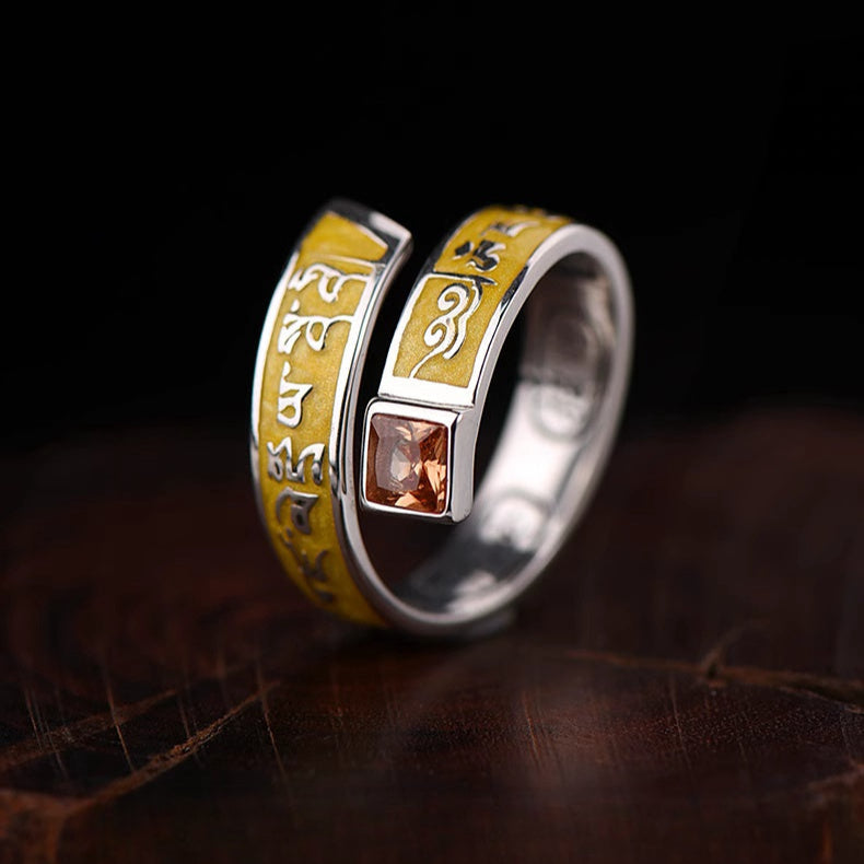 Six-Syllable Mantra Ring – Unisex Tibetan Yellow Wealth Deity Snake Ring with Prosperity Inscription