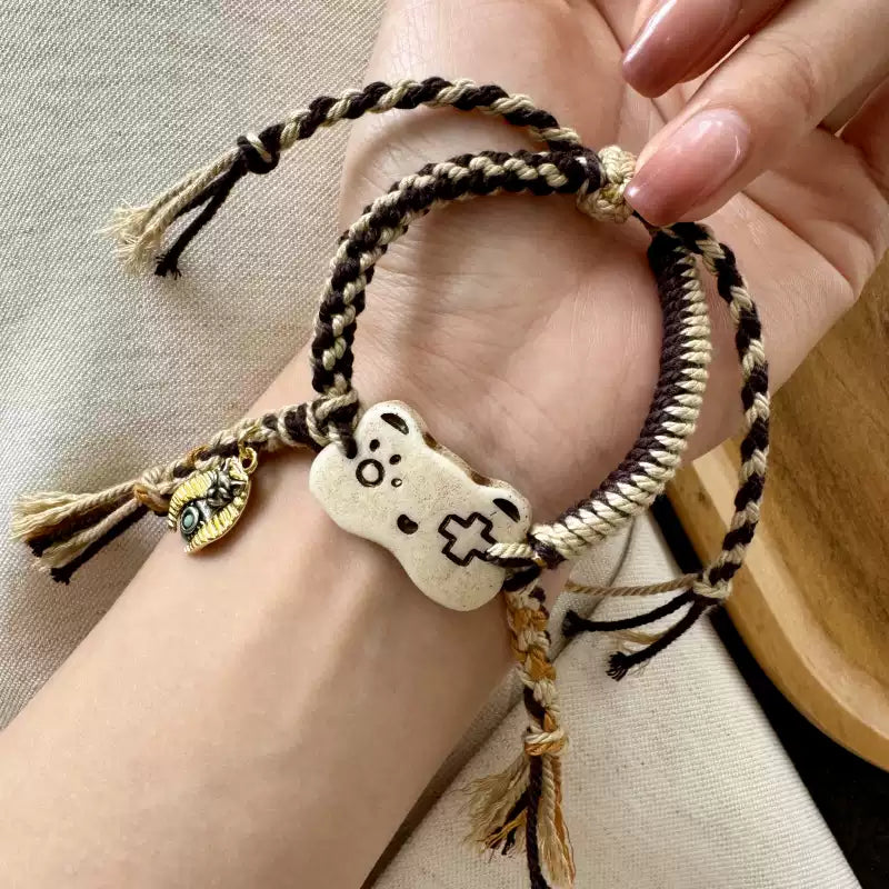 Funky Punky® Camel Bone Cat Gamepad Bracelet with Bronze Pharaoh Cat Charm