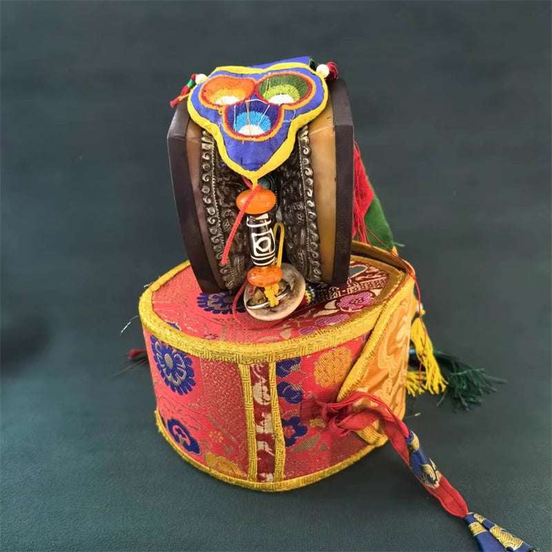Handcrafted Ancient Style Gilded Square Drum – Sacred Tibetan Drum with Sheep Leather and Sandalwood Frame