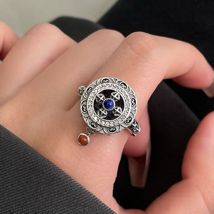 Tibetan Silver Incense Burner Ring with Carnelian & Spin Feature