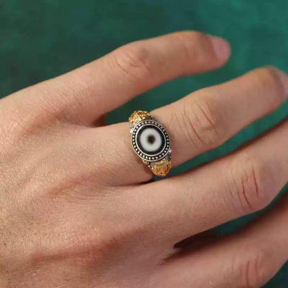 Third Eye Armor® Vajra Design Silver Ring with Dzi Bead