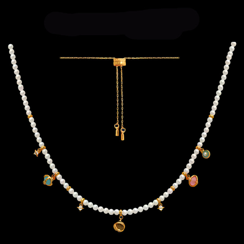 Opal & Pearl Small Bead Necklace with Gold Accents