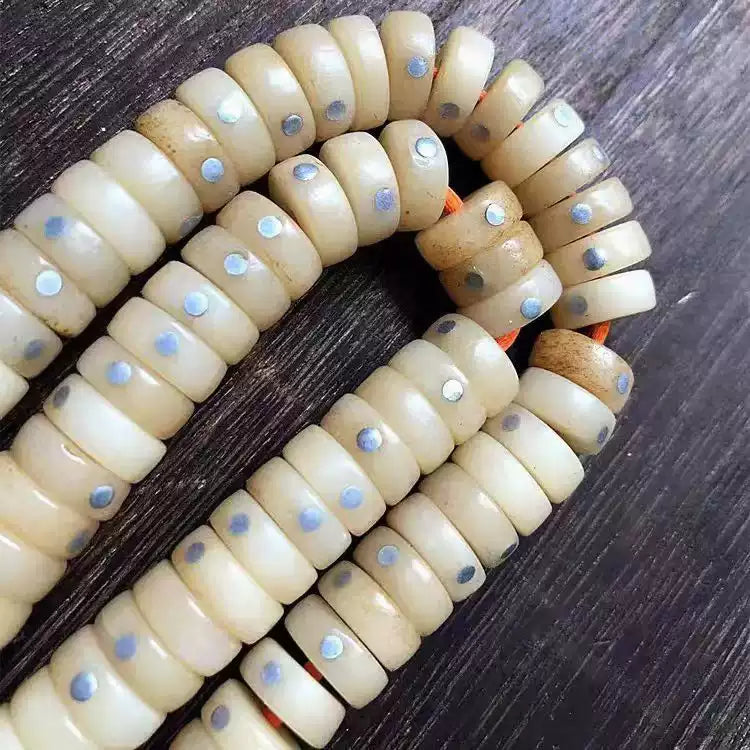 Tibetan 108 Camel Bone Mala with Silver Inlay – Handcrafted Buddhist Beads