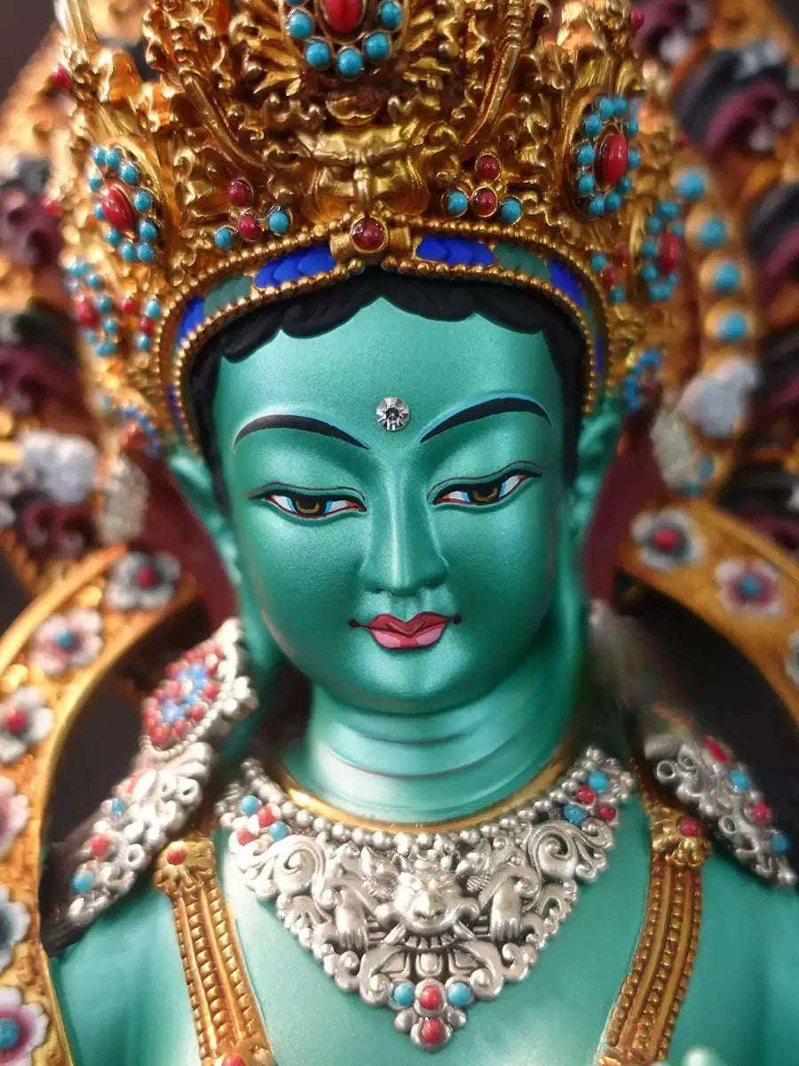 Handcrafted Tibetan Green Tara Statue – Pure Copper with Detailed Engraving and Colorful Paintwork