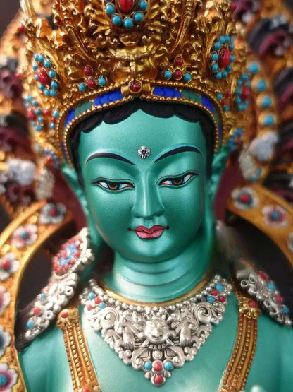 Handcrafted Tibetan Green Tara Statue – Pure Copper with Detailed Engraving and Colorful Paintwork