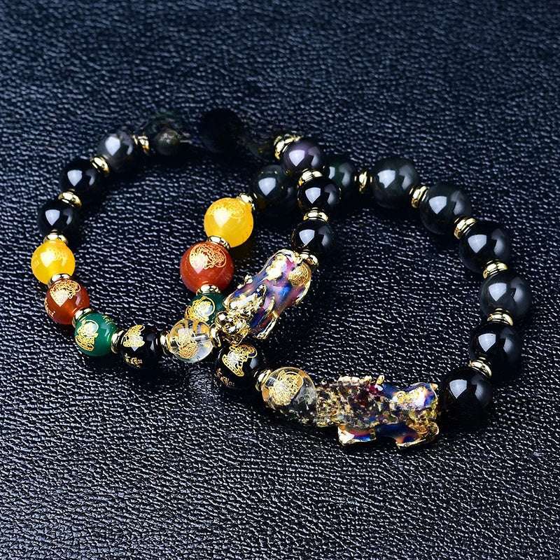 Natural Black Agate Five Wealth Gods Chakra Bracelet with Color-Changing Pixiu