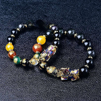 Natural Black Agate Five Wealth Gods Chakra Bracelet with Color-Changing Pixiu