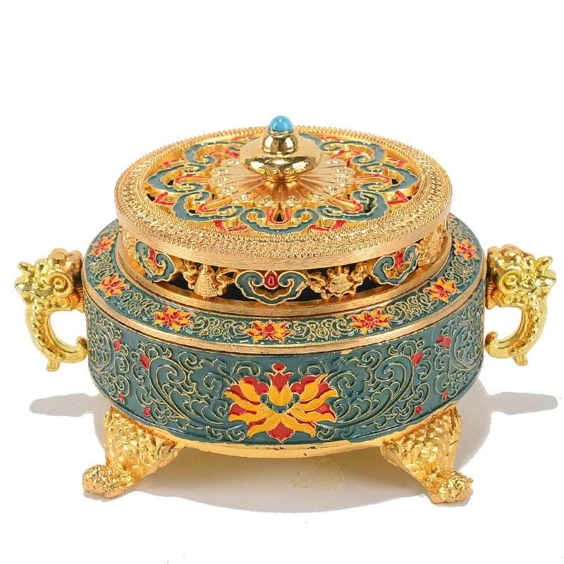 Enamel Painted Copper Incense Burner – Carved Brass Lotus Design for Home Meditation and Aromatherapy