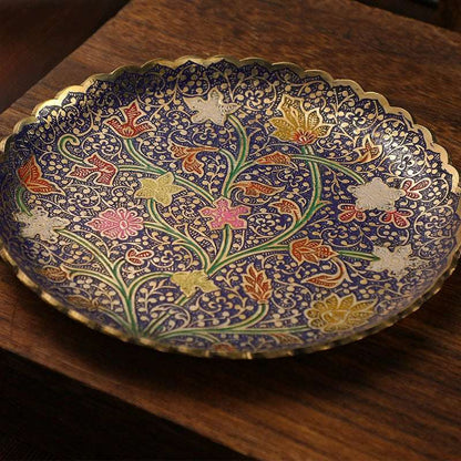 Tibetan Brass Decorative Plate - Hand-Painted Enamel with Lotus & Mandala Designs