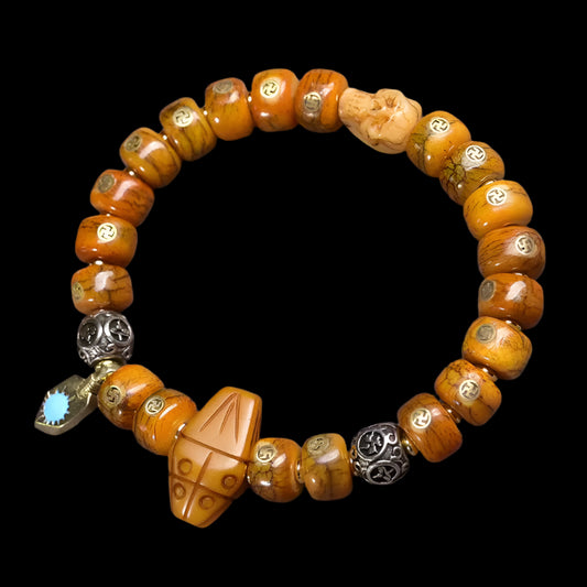 Tibetan Yak Bone Bracelet with Brass Swastika Inlay and Buddhist Accents