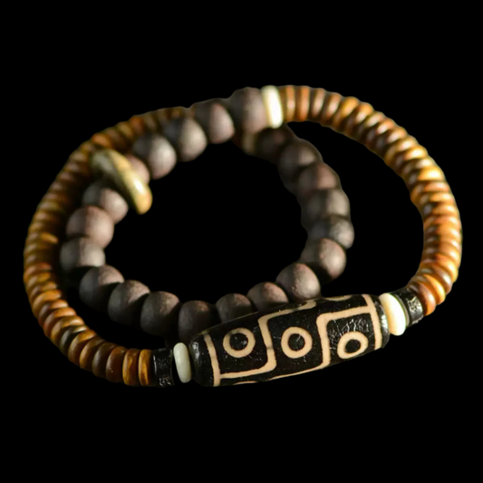 Tibetan Double-Layer Nine-Eyed Dzi Bracelet with Green Sandalwood