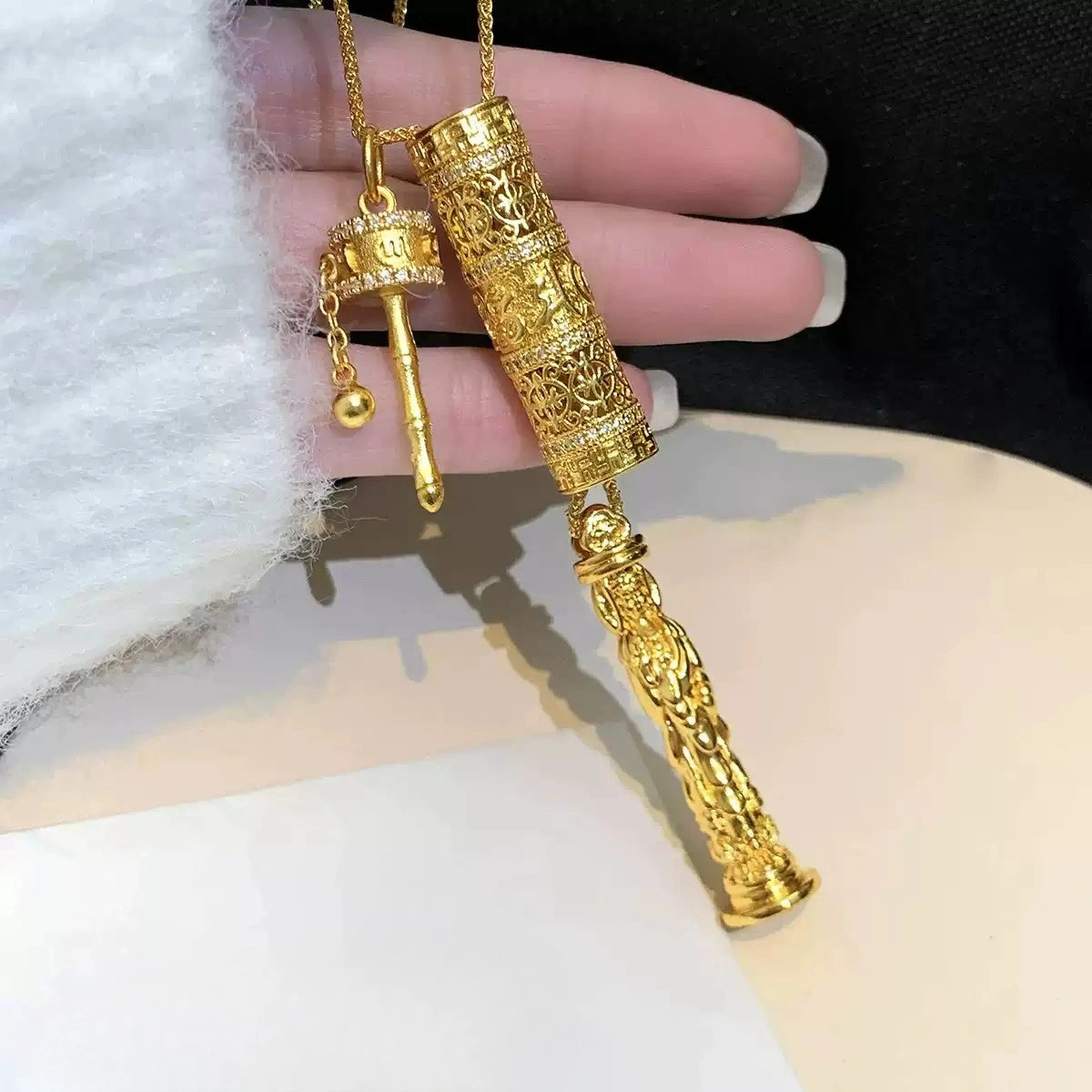 Tibetan Gilded Prayer Wheel Pendant with Six-Syllable Mantra