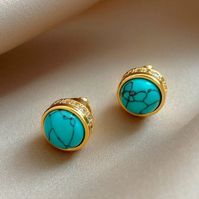 Sky Royal® Retro-Style Turquoise Stud Earrings with Gold Detailing