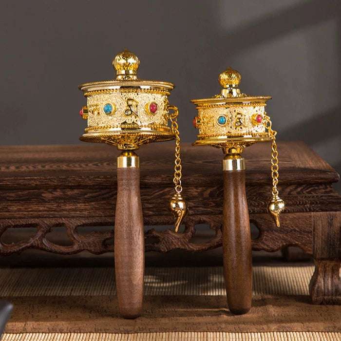 Tibetan Prayer Wheel - Gold-Plated Brass with Mantra Engravings & Wooden Handle