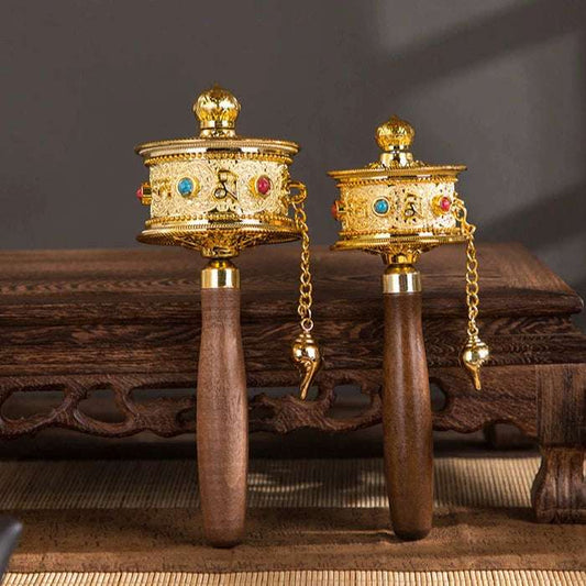 Tibetan Prayer Wheel - Gold-Plated Brass with Mantra Engravings & Wooden Handle
