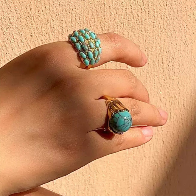 Sky Royal® Tibetan Gold Ring with Clustered Blue Turquoise Oval Beads