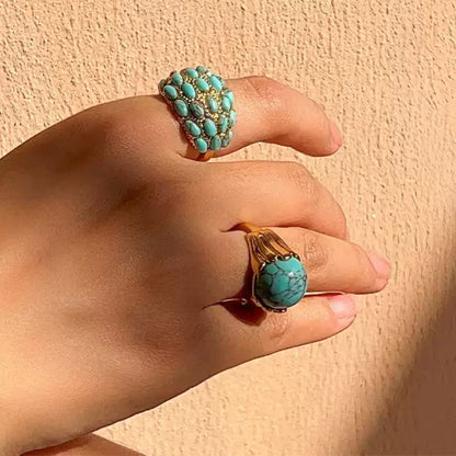 Sky Royal® Tibetan Gold Ring with Clustered Blue Turquoise Oval Beads
