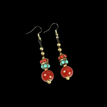 Sangye Circuit® Tibetan Red Agate Sphere Drops with Turquoise Accents
