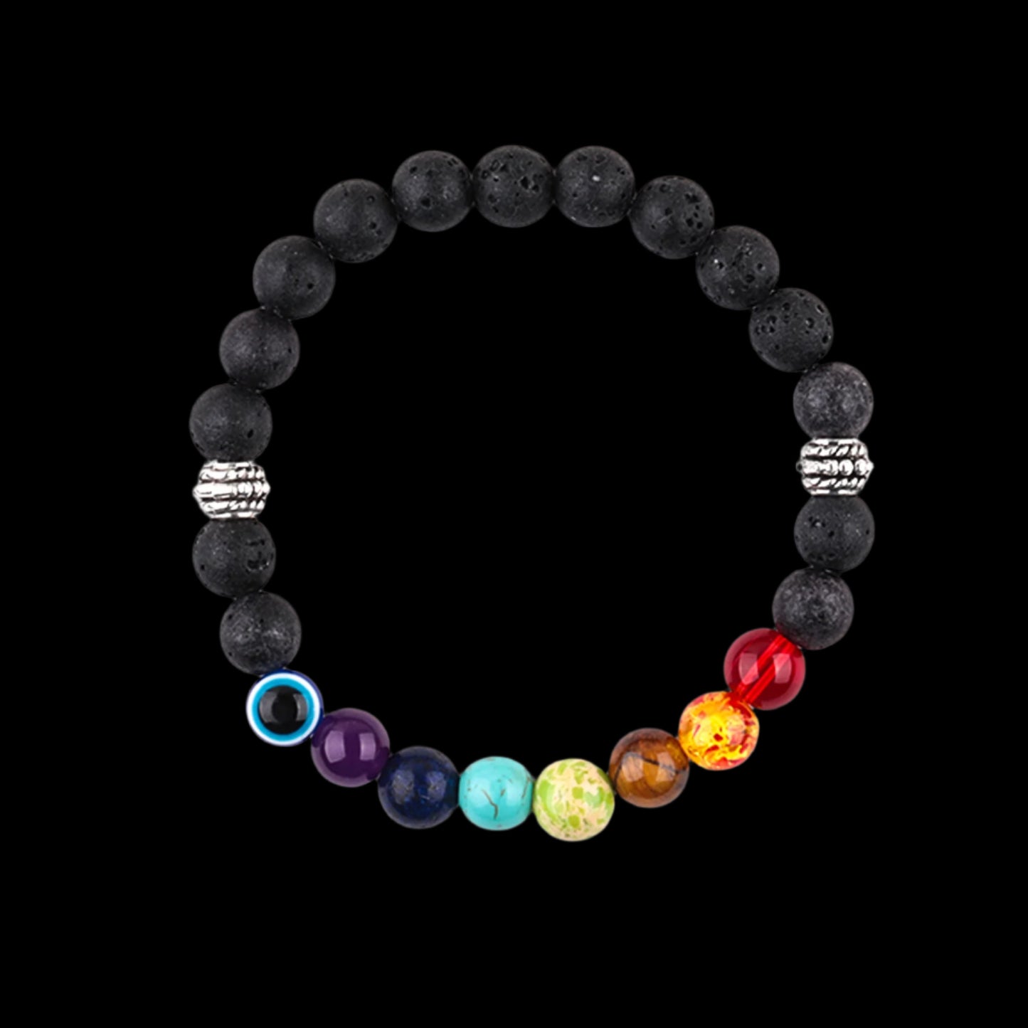 Tibetan Chakra Evil Eye Bracelet with Lava and Tiger Eye Beads