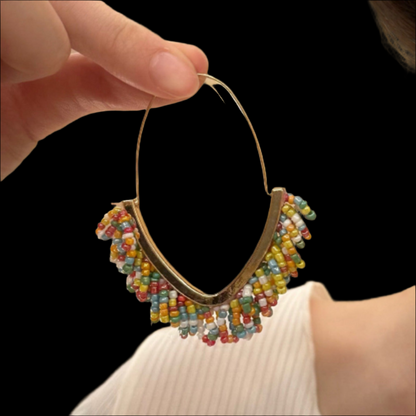 Boho Hoop Earrings with Multicolor Beaded Fringe and Gold Accent