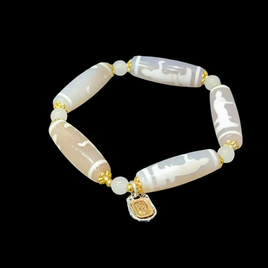 White Omen® Tibetan Agate Bracelet with Guanyin Dzi Beads & Vintage Charm