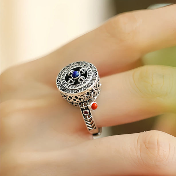Tibetan S925 Silver Spinning Ring with Lapis and Six-Word Mantra