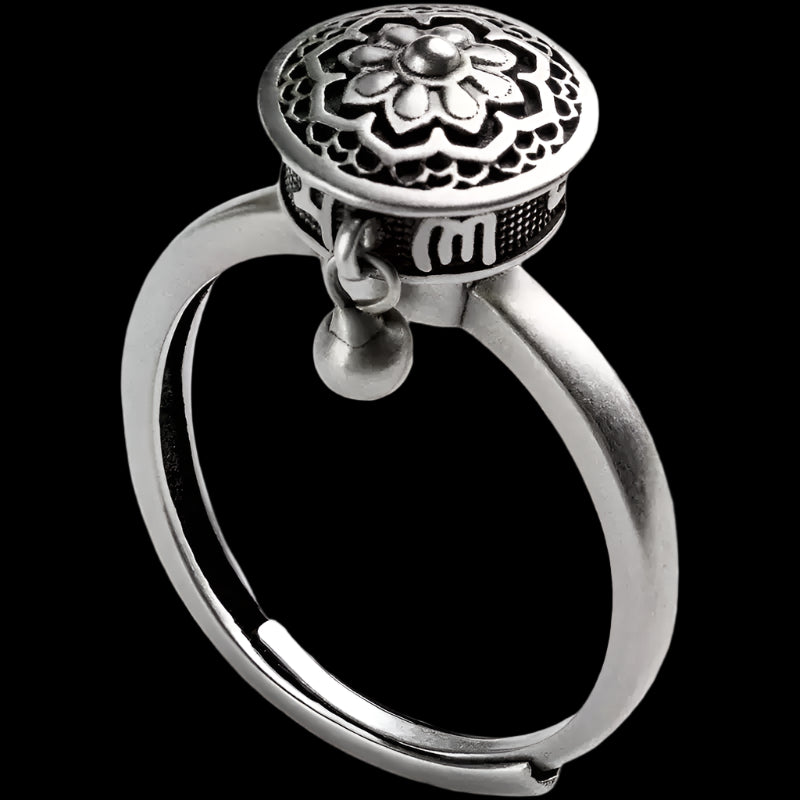 Tibetan Spinning Prayer Wheel Ring with Lotus Symbol