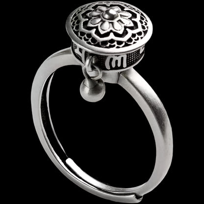 Tibetan Spinning Prayer Wheel Ring with Lotus Symbol
