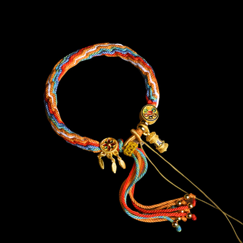 Tibetan Spiritual Friendship Bracelet with Golden Charms and Sacred Icons