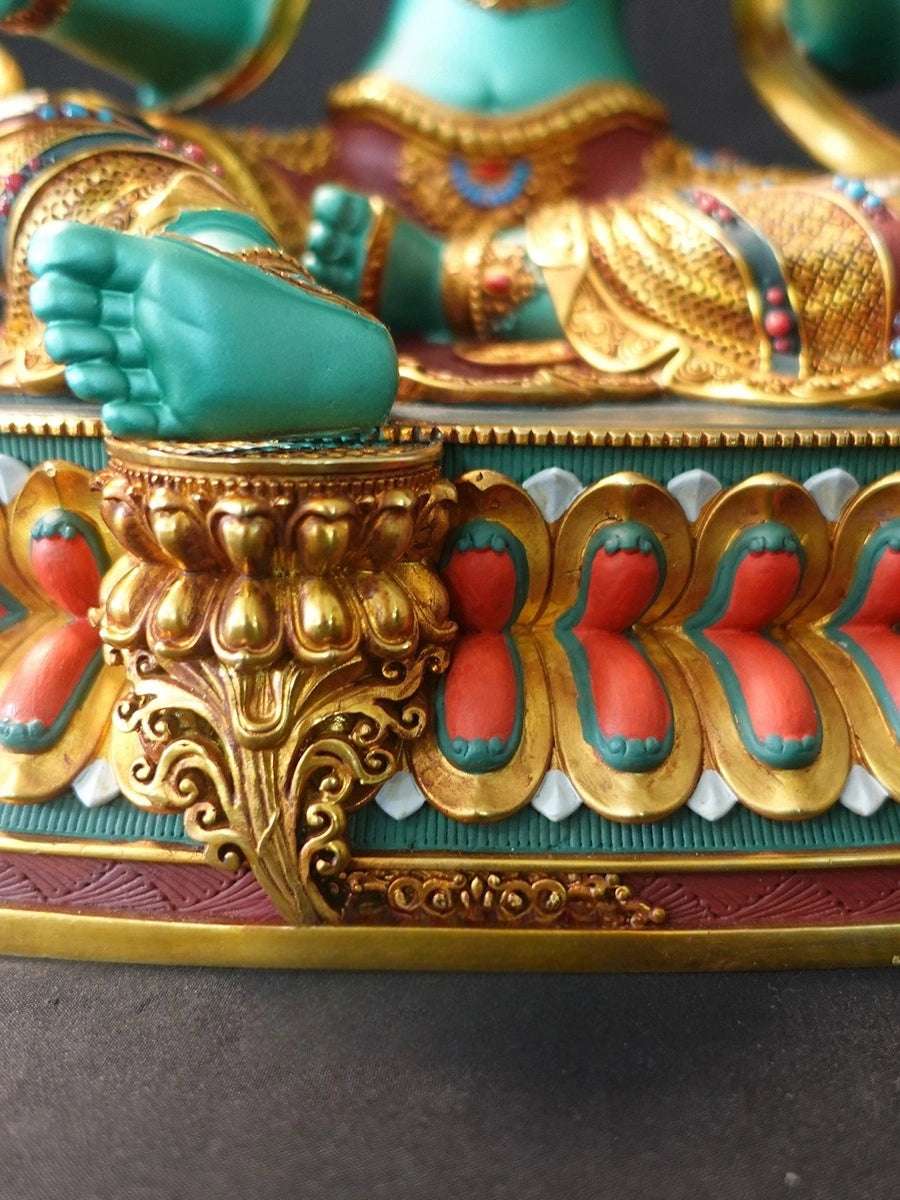 Handcrafted Tibetan Green Tara Statue – Pure Copper with Detailed Engraving and Colorful Paintwork