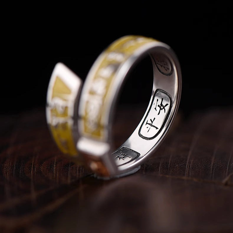 Six-Syllable Mantra Ring – Unisex Tibetan Yellow Wealth Deity Snake Ring with Prosperity Inscription