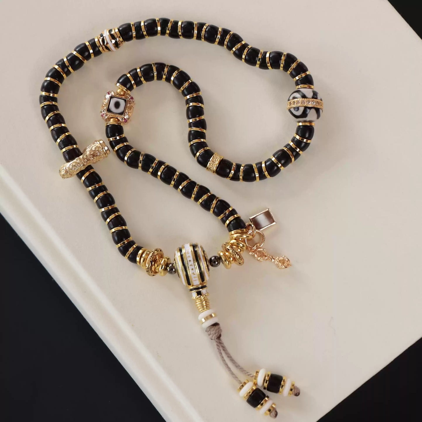 Tibetan Coconut Shell Double-Wrap Bracelet with Brass Accents