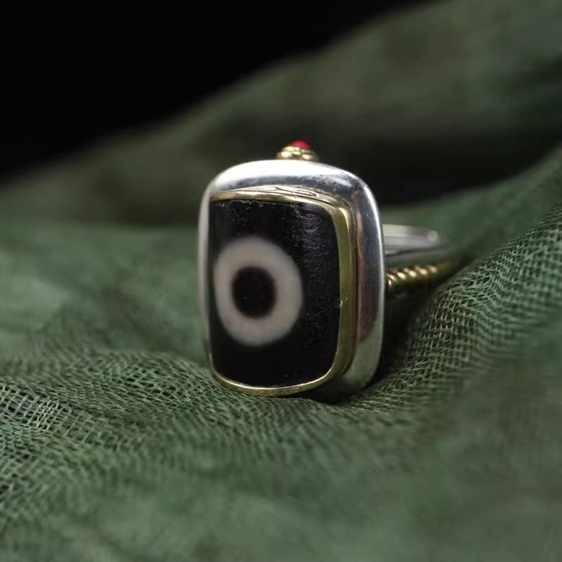 Tibetan Dzi Bead Ring – Unisex Silver Ring with Sacred Symbol for Protection and Prosperity Product Overview