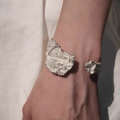 Handcrafted Silver Textured Cuff Bracelet with Organic Design