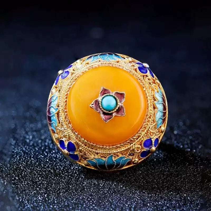 Heritage Handcrafted Silver Flower Silk Inlaid Yellow Amber S925 Silver Ring
