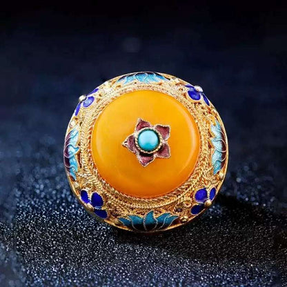 Heritage Handcrafted Silver Flower Silk Inlaid Yellow Amber S925 Silver Ring