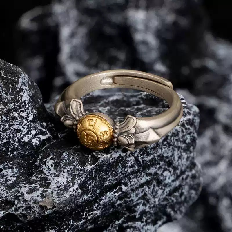 Tibetan Wisdom Mantra Ring with Antique Silver & Gold Detailing